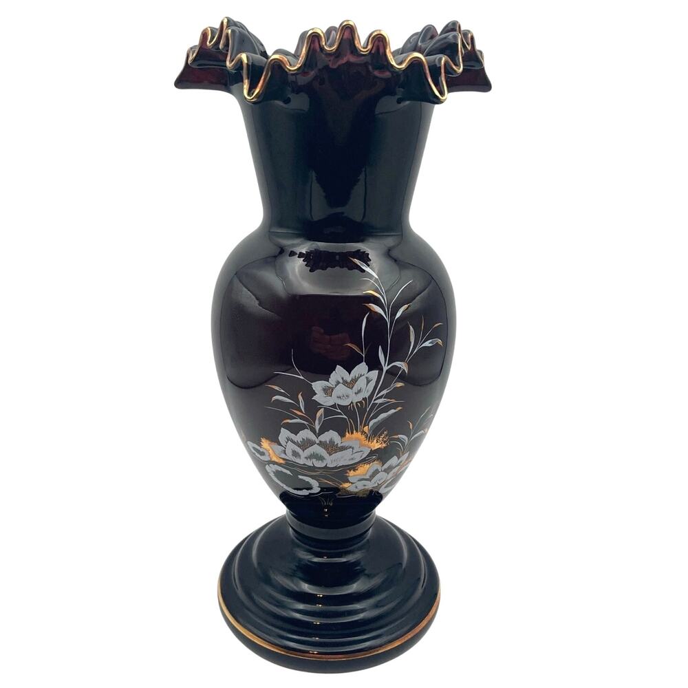 VTG Crystalex Vase Deep Amethyst Bohemian Czech Crystal Painted Flowers 8.5" T